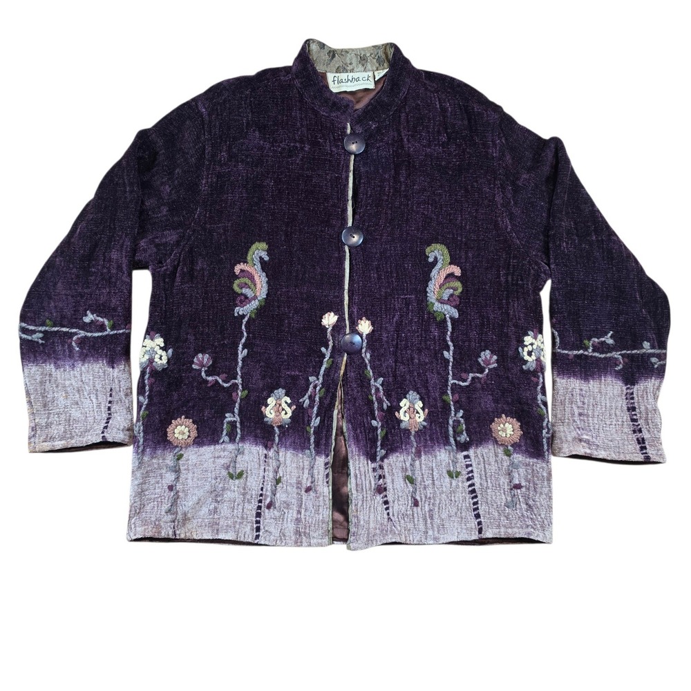 Vtg Flashback Womens Medium Jacket Purple Embroidered Velvet Ombre Button Up